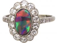 Edwardian 18ct White Gold & Platinum, Black Opal & Diamond Cluster Ring