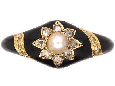 Early 19th Century 18ct Gold & Black Enamel Ring set with a Natural Pearl & Rose Diamonds