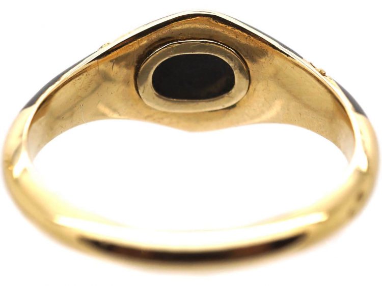 Early 19th Century 18ct Gold & Black Enamel Ring set with a Natural Pearl & Rose Diamonds