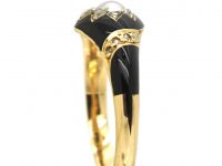 Early 19th Century 18ct Gold & Black Enamel Ring set with a Natural Pearl & Rose Diamonds