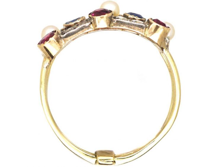 Edwardian 18ct Gold Harem Ring set with Rubies, Sapphires, Pearls & Rose Diamonds