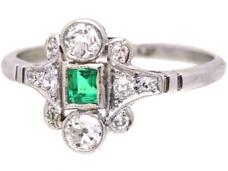 Edwardian 18ct White Gold & Platinum, Emerald & Diamond Ring