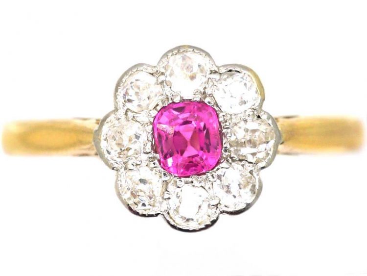 1950s 18ct Gold & Platinum, Pink Sapphire & Diamond Cluster Ring