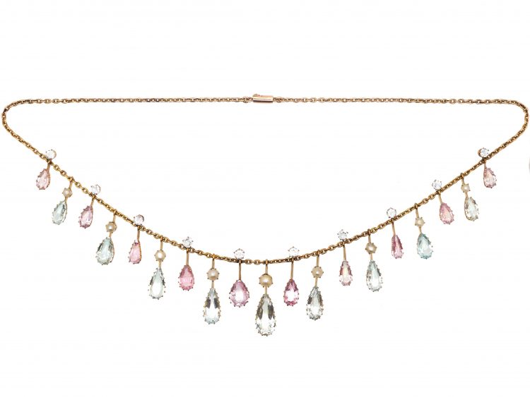 Edwardian 15ct Gold, Pink Topaz & Aquamarine Drops Necklace in Original Case