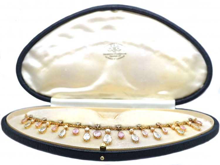 Edwardian 15ct Gold, Pink Topaz & Aquamarine Drops Necklace in Original Case
