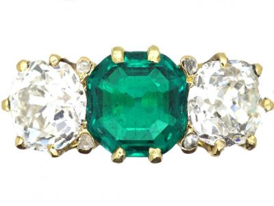 Victorian 18ct Gold, Colombian Emerald & Diamond Three Stone Ring