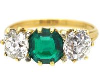 Victorian 18ct Gold, Colombian Emerald & Diamond Three Stone Ring