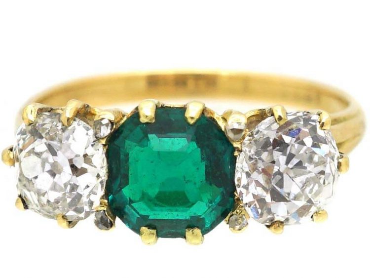 Victorian 18ct Gold, Colombian Emerald & Diamond Three Stone Ring