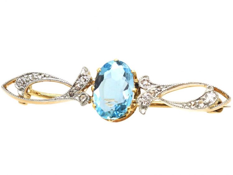 Art Nouveau 15ct & Platinum, Aquamarine & Diamond Brooch