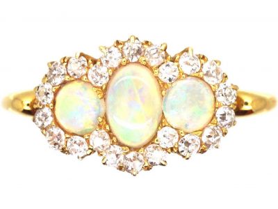 Edwardian 18ct Gold, Opal & Diamond Ring Triple Cluster