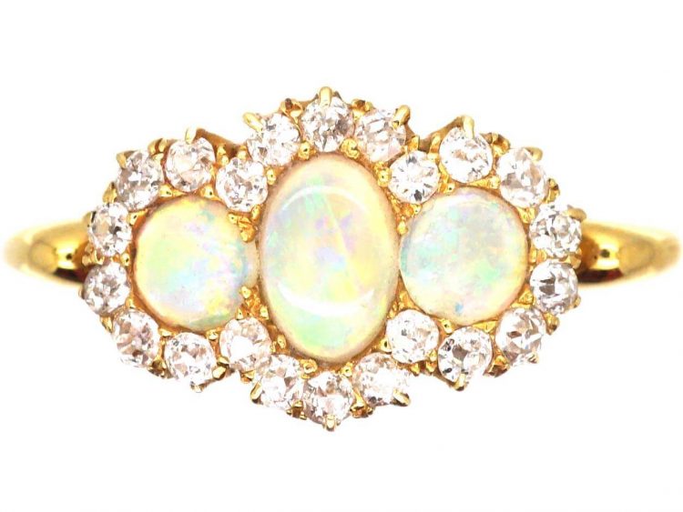 Edwardian 18ct Gold, Opal & Diamond Ring Triple Cluster