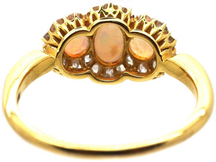 Edwardian 18ct Gold, Opal & Diamond Ring Triple Cluster
