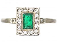 Art Deco 18ct White Gold & Platinum, Emerald & Diamond Rectangular Ring