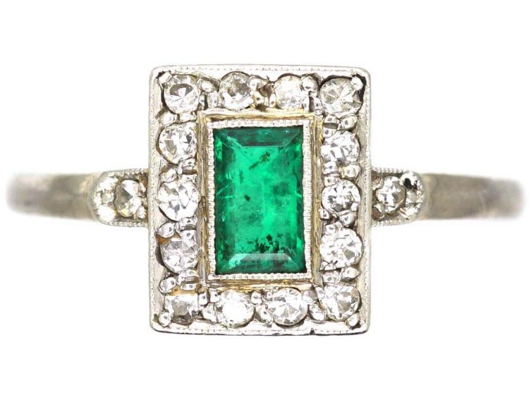 Art Deco 18ct White Gold & Platinum, Emerald & Diamond Rectangular Ring