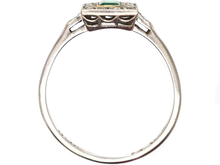 Art Deco 18ct White Gold & Platinum, Emerald & Diamond Rectangular Ring