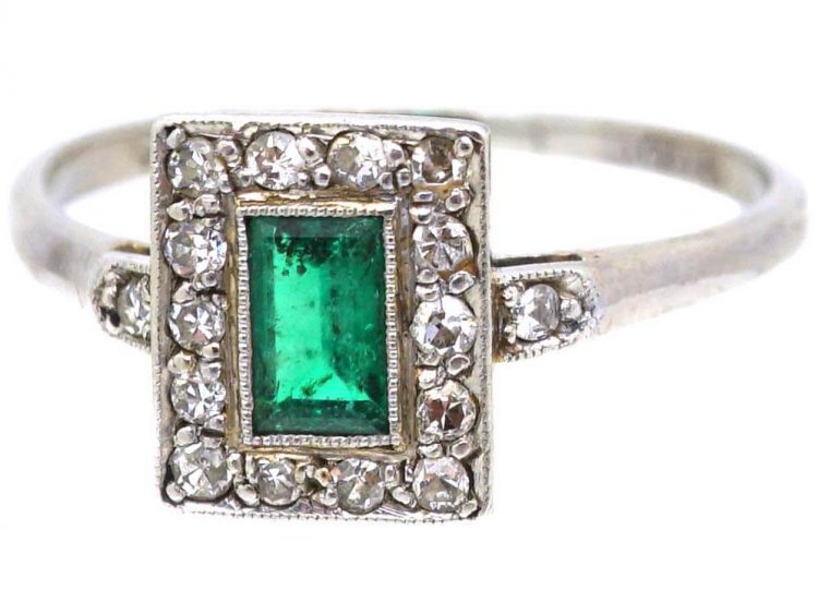 Art Deco 18ct White Gold & Platinum, Emerald & Diamond Rectangular Ring
