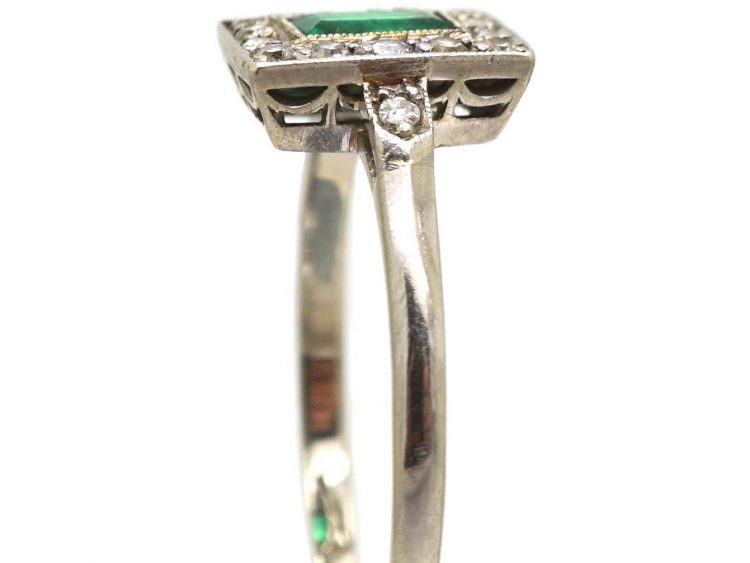 Art Deco 18ct White Gold & Platinum, Emerald & Diamond Rectangular Ring