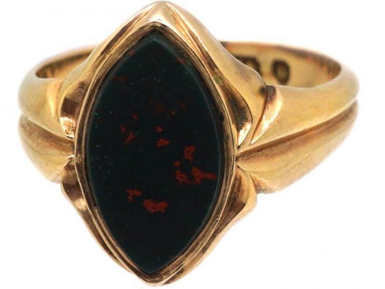Victorian 12ct Gold Navette Shaped Signet Ring set with a Bloodstone by Charles Green