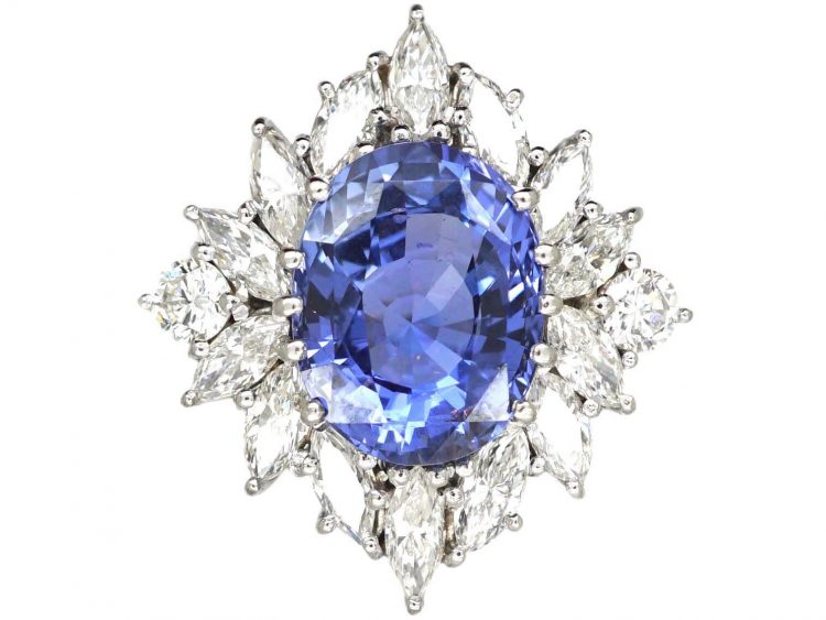 18ct White Gold Large Colour Change Ceylon Sapphire & Diamond Ballerina Ring