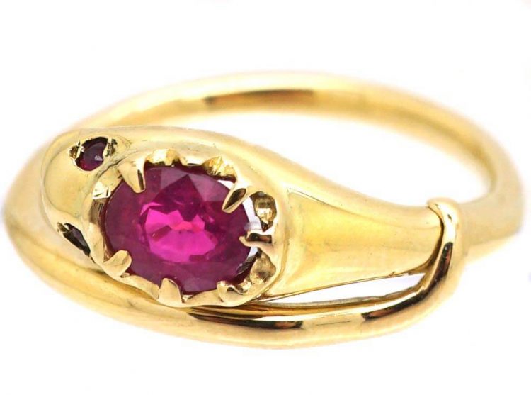 Edwardian 18ct Gold Snake Ring set with a Pink Sapphire