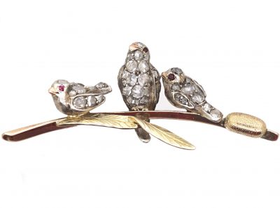 Victorian Novelty Brooch of Three Swallows on a Bullrush set with Rose Diamonds