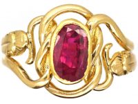 French Early 18th Century 18ct Gold Double Snake Ring set with a Ruby