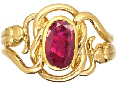 French Early 18th Century 18ct Gold Double Snake Ring set with a Ruby