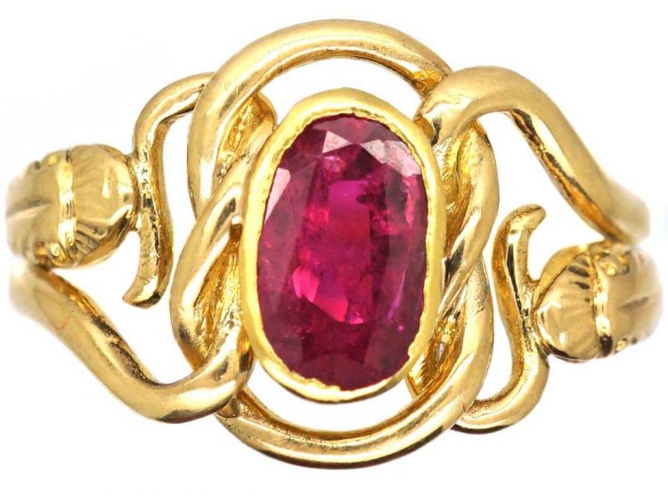 French Early 18th Century 18ct Gold Double Snake Ring set with a Ruby