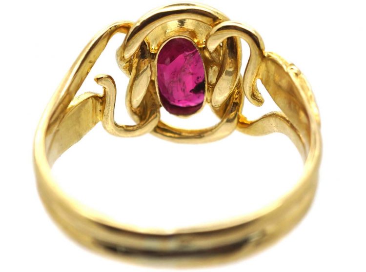 French Early 18th Century 18ct Gold Double Snake Ring set with a Ruby