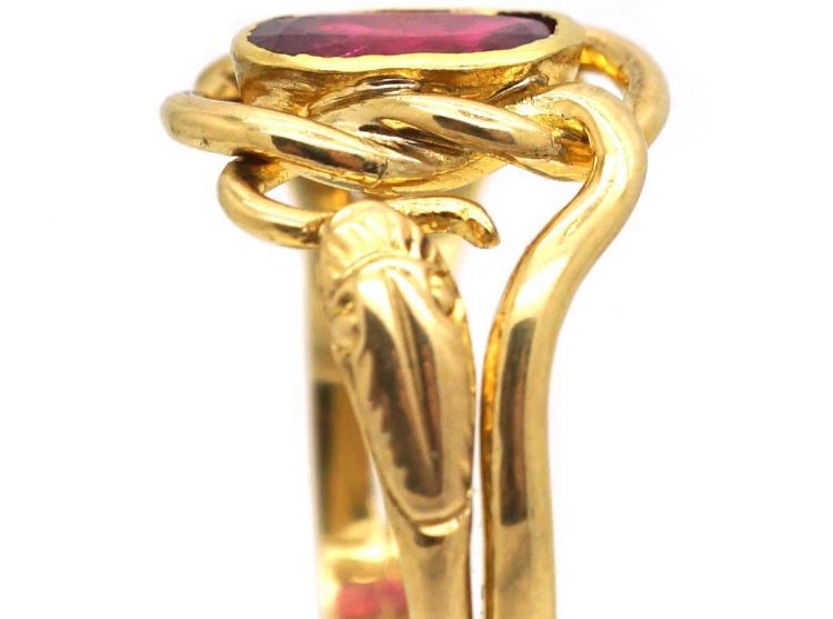 French Early 18th Century 18ct Gold Double Snake Ring set with a Ruby