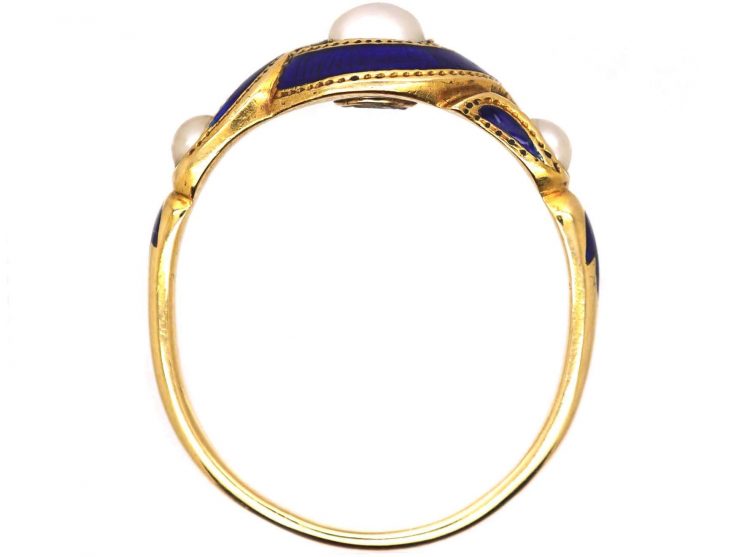 Regency 18ct Gold, Royal Blue Enamel, Natural Split Pearl & Rose Diamond Ring