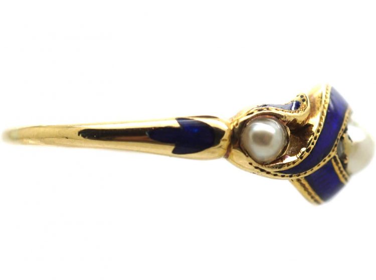 Regency 18ct Gold, Royal Blue Enamel, Natural Split Pearl & Rose Diamond Ring