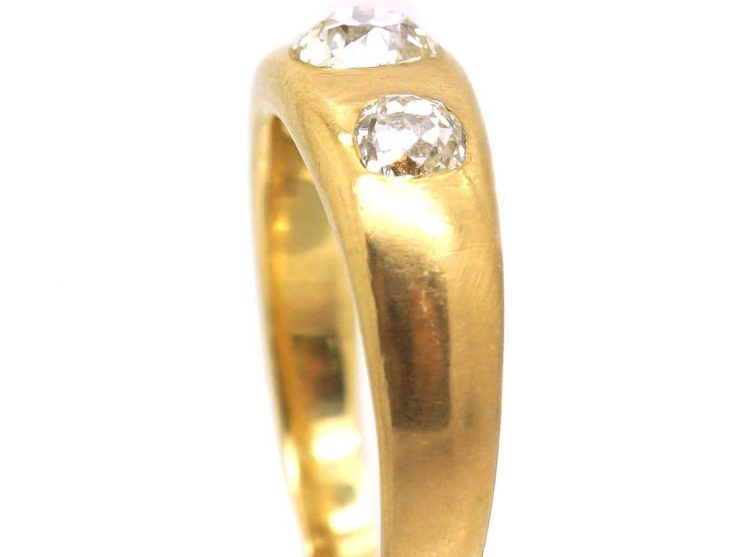 Victorian 18ct Gold, Three Stone Old Mine Cut Diamond Rub Over Set Ring