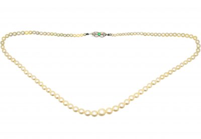 Early 20th Century Graduated Cultured Pearl Necklace with an 18ct White Gold, Emerald & Diamond Clasp