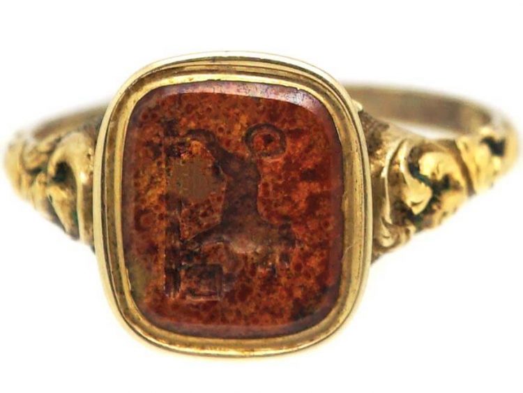 Early 19th Century 18ct Gold & Brown Jasper Ring with Lion Intaglio