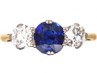 Edwardian 18ct Gold & Platinum, Three Stone Sapphire & Diamond Ring