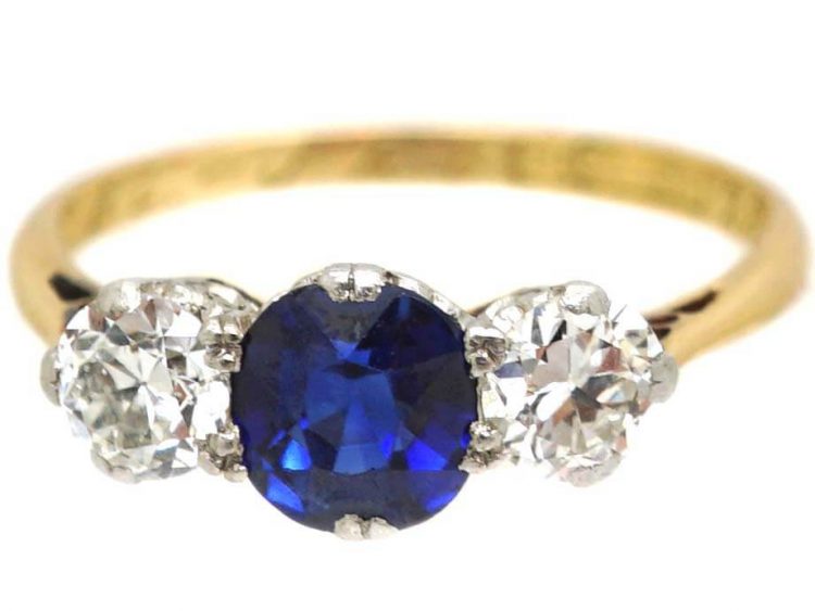 Edwardian 18ct Gold & Platinum, Three Stone Sapphire & Diamond Ring