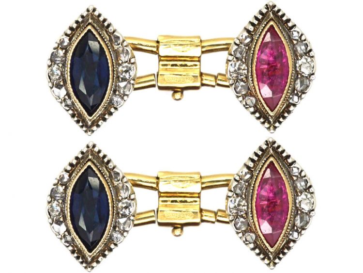 Russian Late 19th Century 18ct Gold Cufflinks set with Diamonds, Rubies, Sapphire & Green Tourmaline by Michail Perkhin for Fabergé
