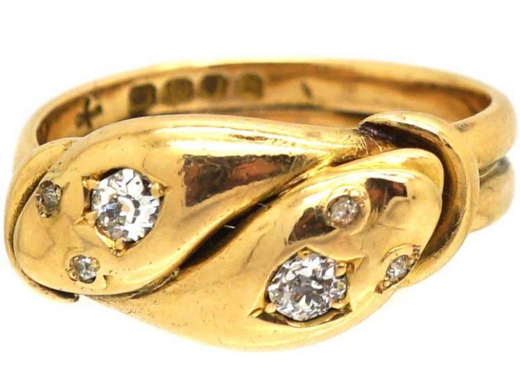 Victorian 18ct Gold Double Snake Ring set with Diamonds