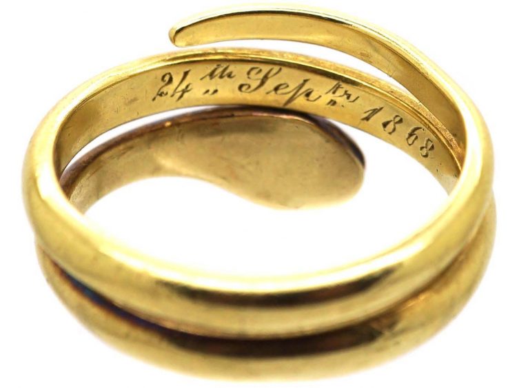 Victorian Wide 18ct Gold Coily Snake Ring with Diamond Eyes
