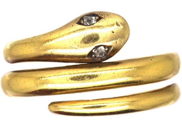 Victorian Wide 18ct Gold Coily Snake Ring with Diamond Eyes