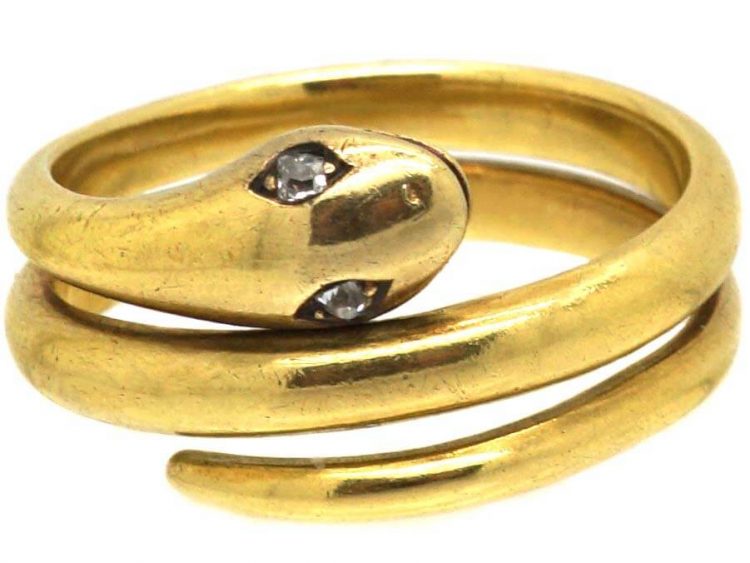 Victorian Wide 18ct Gold Coily Snake Ring with Diamond Eyes