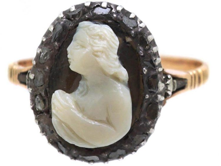 18th Century Hardstone Cameo Ring with Diamond Detail