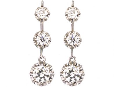 French Belle Epoque 18ct White Gold Three Stone Diamond Drop Earrings