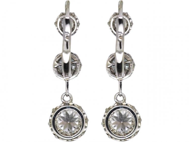 French Belle Epoque 18ct White Gold Three Stone Diamond Drop Earrings