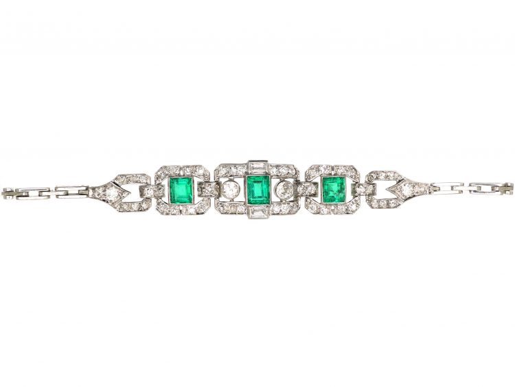 Art Deco 18ct White Gold, Emerald & Diamond Bracelet