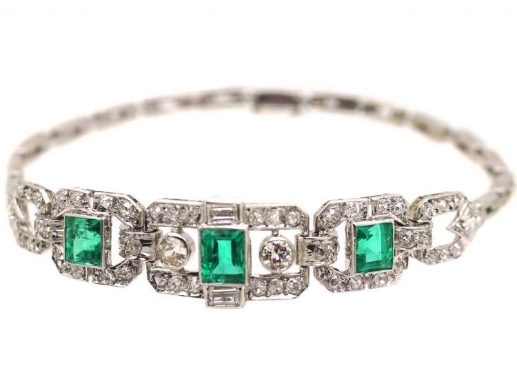 Art Deco 18ct White Gold, Emerald & Diamond Bracelet