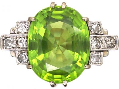 Art Deco Platinum Ring set with a Large Peridot & Diamonds