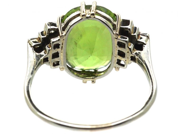 Art Deco Platinum Ring set with a Large Peridot & Diamonds