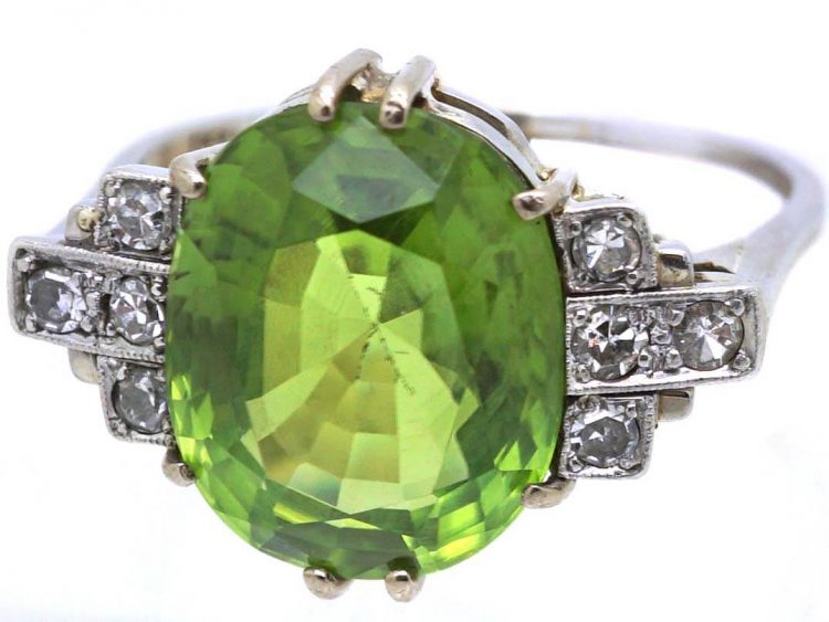 Art Deco Platinum Ring set with a Large Peridot & Diamonds